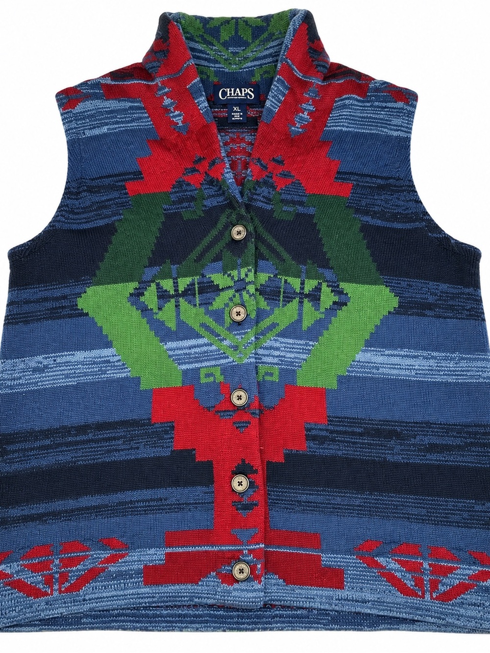 Chaps Southwestern Aztec Knit Button Front Sweater Vest Blue Red Green XL